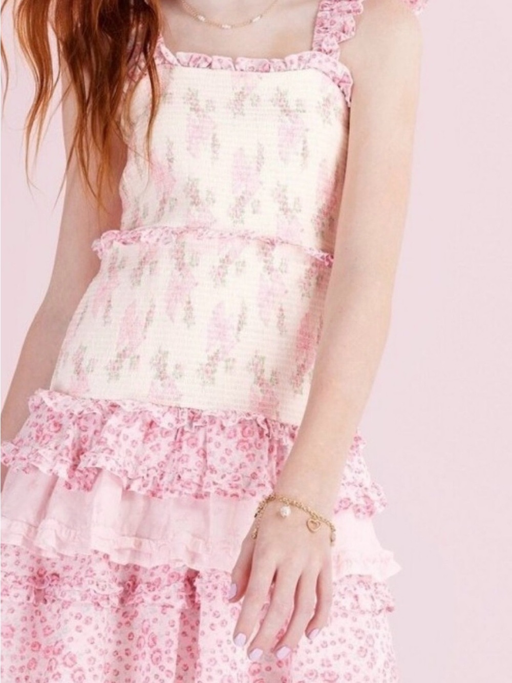 Love Shack Fancy Girls' Pink Ruffled Floral Tiered Dress size 7